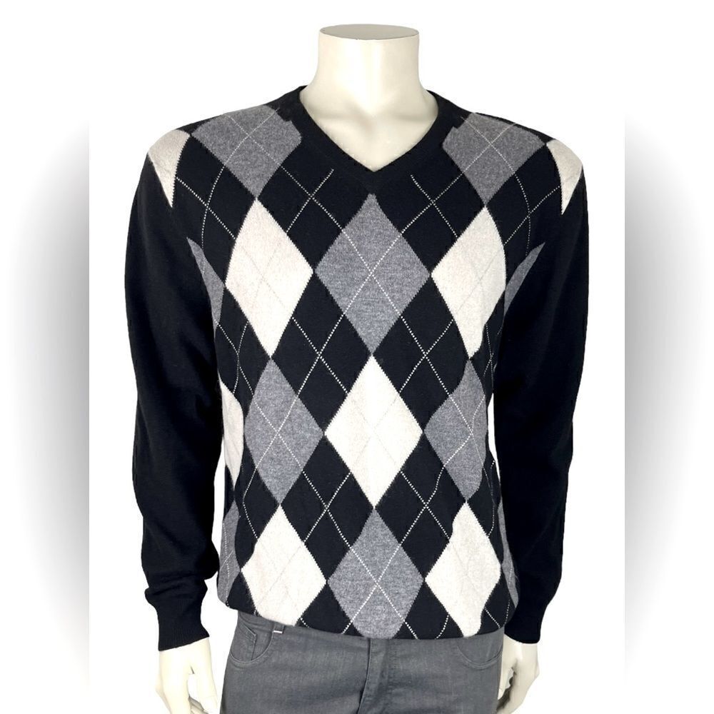 Alan Flusser V-Neck Argyle Sweater 100% Cashmere Size L Like New Condition